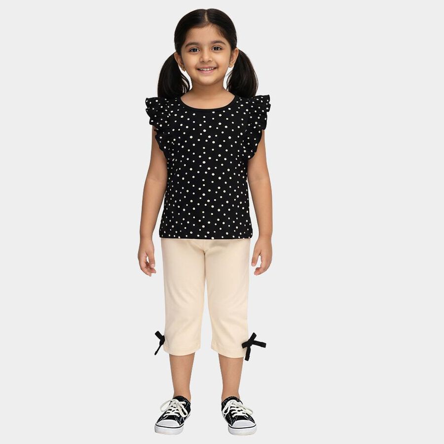 Girls Black Cotton Polka Dot Ruffle Sleeve Top and Beige Capri Set, Black, large image number null