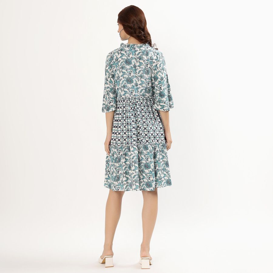 Women's Teal Floral Ruffled Neck Bohemian Dress, ऑफ व्हाइट, large image number null