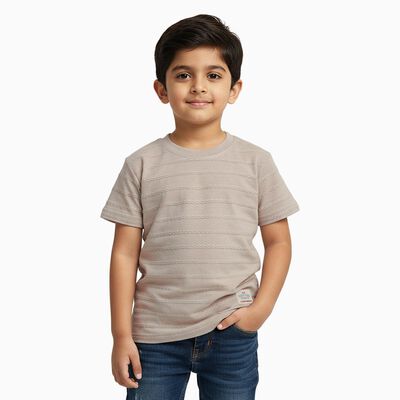 Boys Light Beige Crew Neck Casual T-Shirt