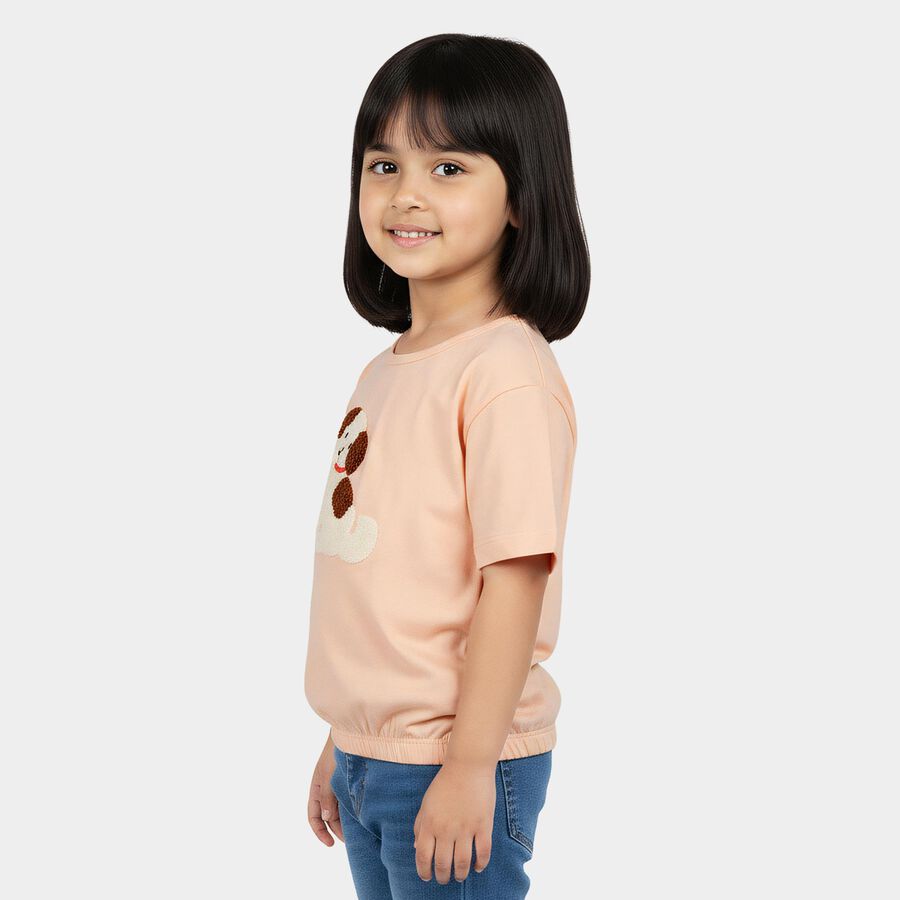 Girls Light Pink Cotton Round Neck Regular T-Shirt, Light Pink, large