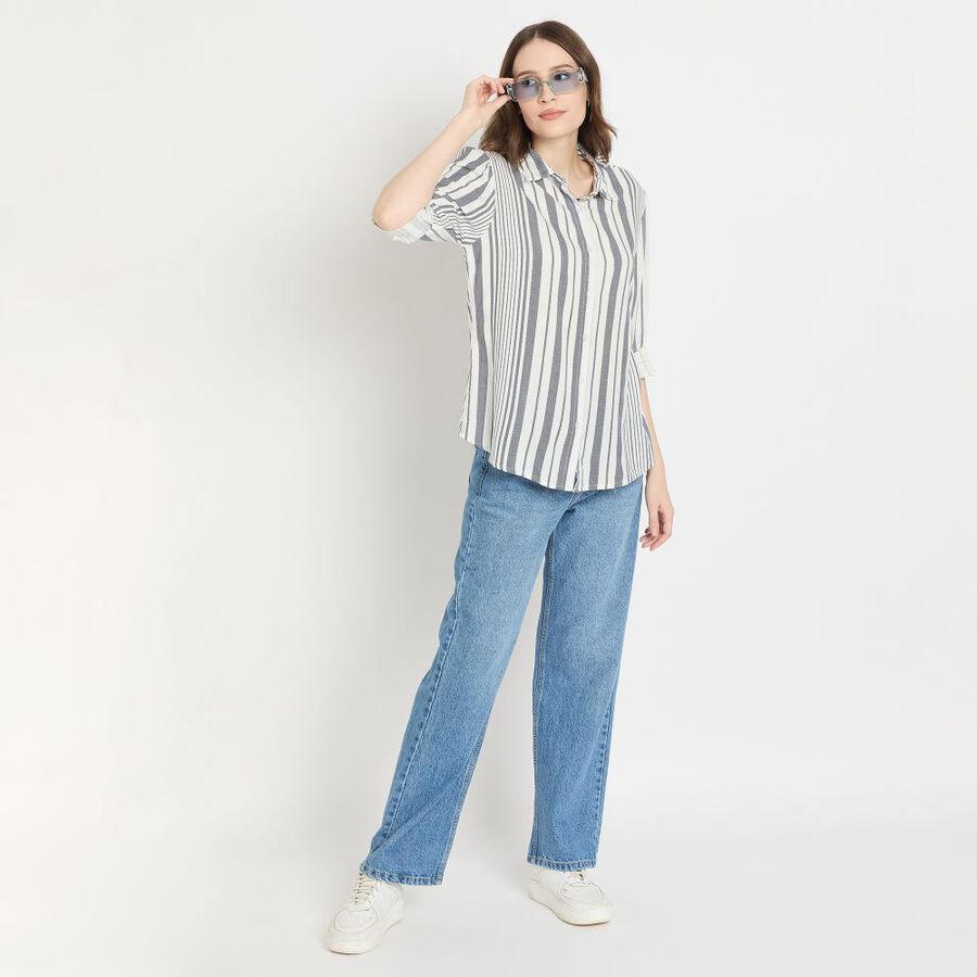 Ladies'  Stripes Shirt, मध्यम नीला, large image number null