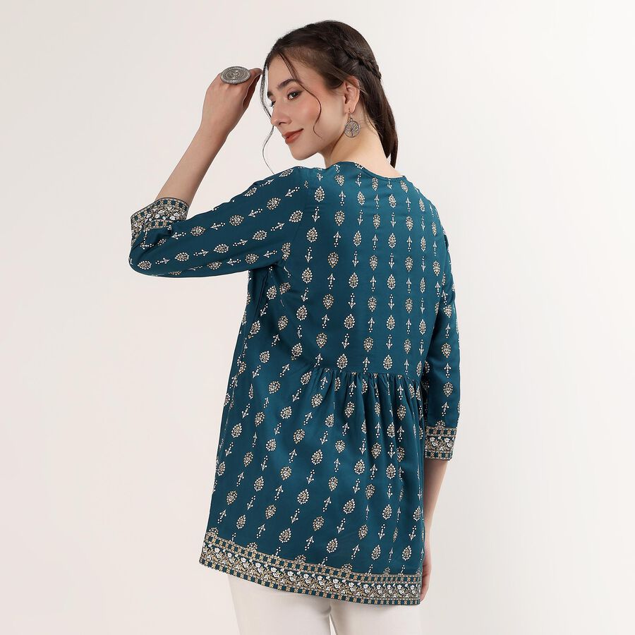 Women's Teal Mandarin Collar Self Design Straight Kurti, टील ब्लू, large