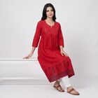 Women's Fuchsia Cotton Notch Neck Embroidered Flared Kurta, रानी (फ्यूशिया), small