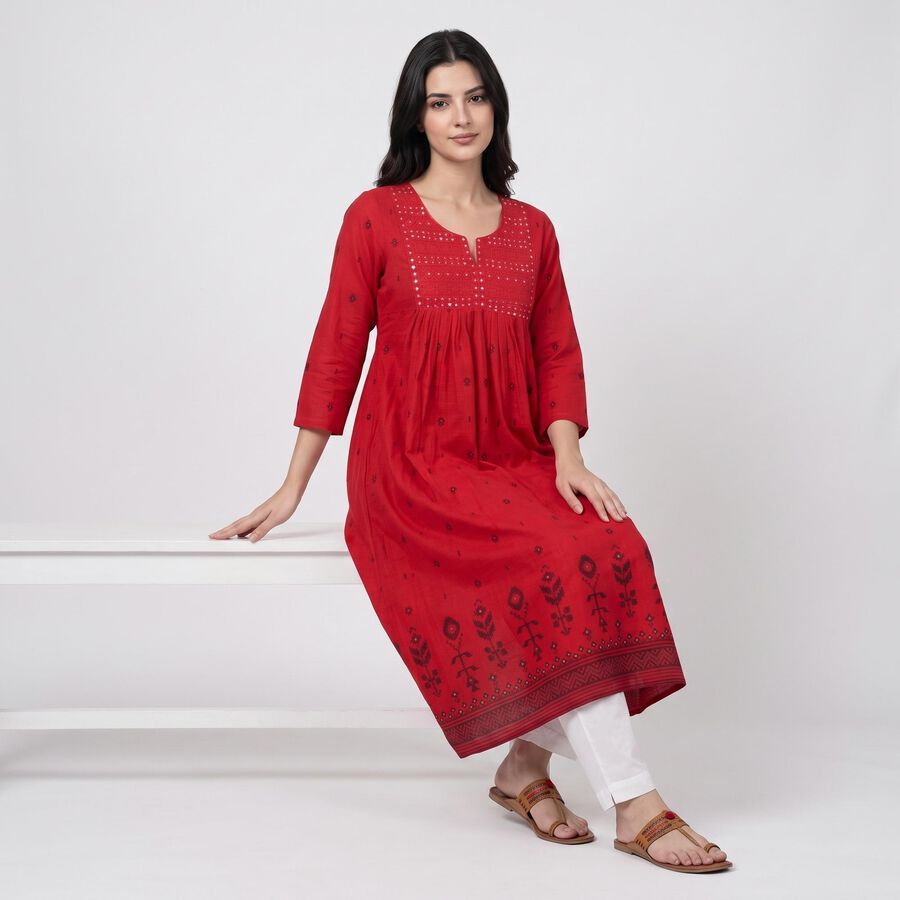 Women's Fuchsia Cotton Notch Neck Embroidered Flared Kurta, रानी (फ्यूशिया), large