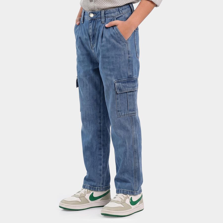 Boys Blue Relaxed Fit Cargo Jeans, Mid Blue, large