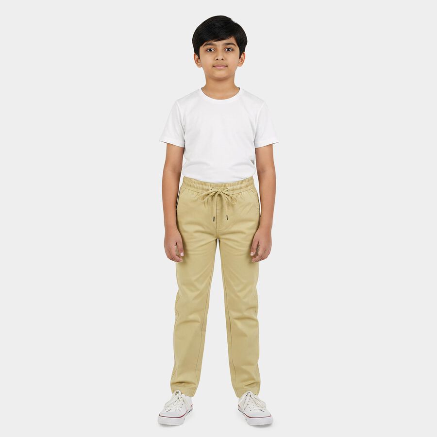 Boys Beige Straight Fit Drawstring Waist Trousers, गहरा पीला, large