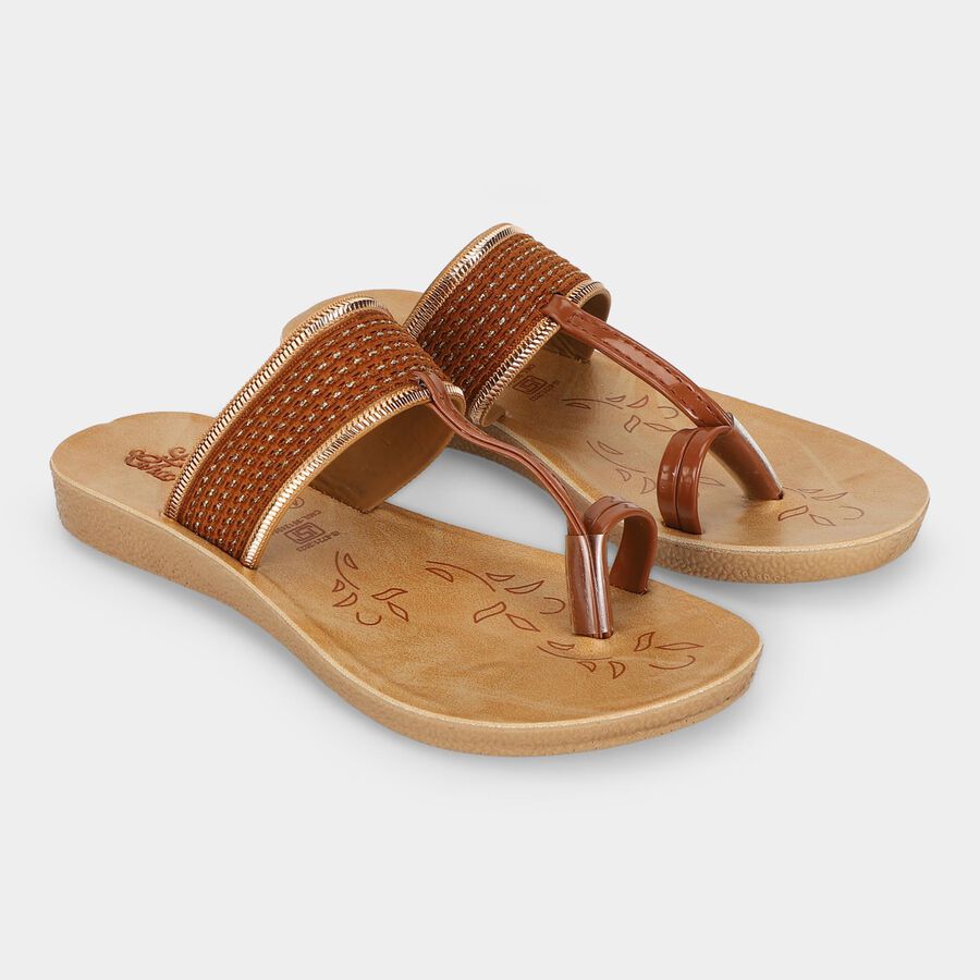 Women's Tan Thong Slip-On Flat Sandals, टैन, large