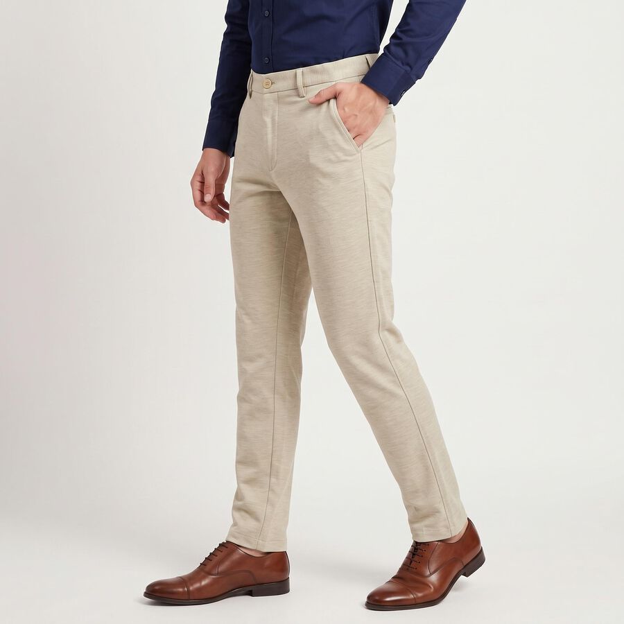 Men's Beige Slim Fit Flat-Front Casual Trousers, गहरा पीला, large