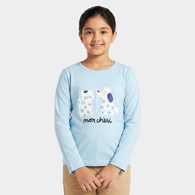 Girls Light Blue Round Neck Regular Top
