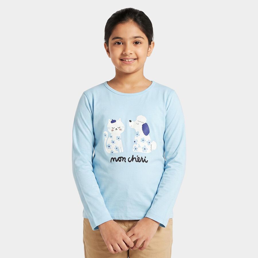 Girls Light Blue Round Neck Regular Top, हल्का नीला, large