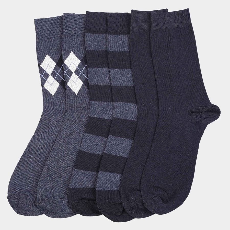 Motif and Stripe Crew Length Socks, Navy Blue, large image number null