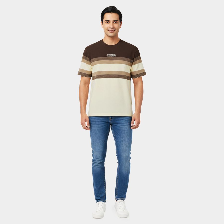 Men's Cream Round Neck Regular T-Shirt, ऑफ व्हाइट, large