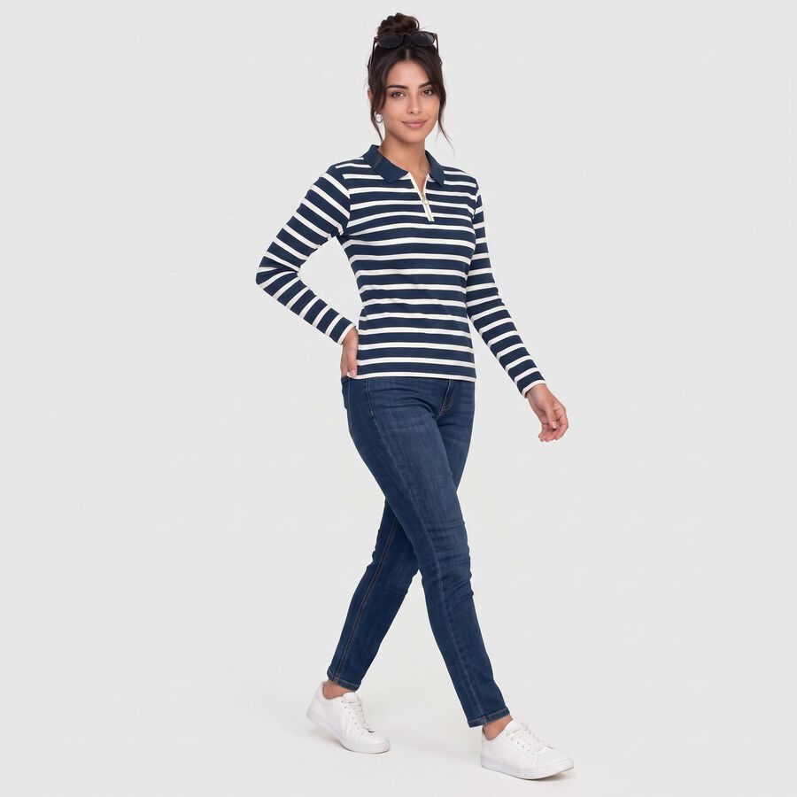 Women's Navy Blue Polo Neck Striped Regular Top, Navy Blue, large