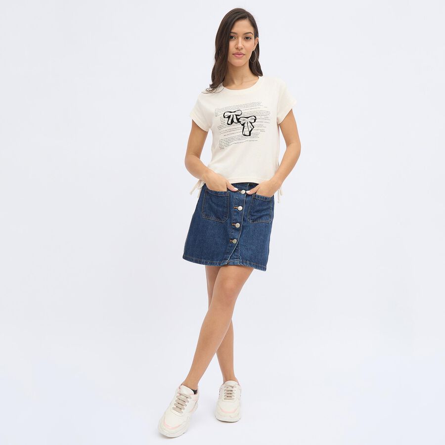 Women's Off-White Cotton Round Neck Casual Crop T-Shirt, Off White, large image number null