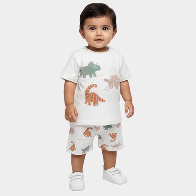 Infants' White Cotton Round Neck Printed Baba Suit