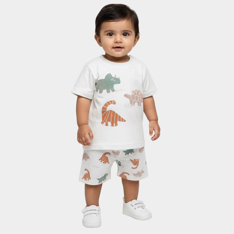 Infants' White Cotton Round Neck Printed Baba Suit, ऑफ व्हाइट, large