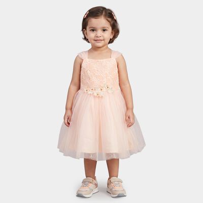 Girls' Light Pink Fit and Flare Floral Applique Party Wear Frock