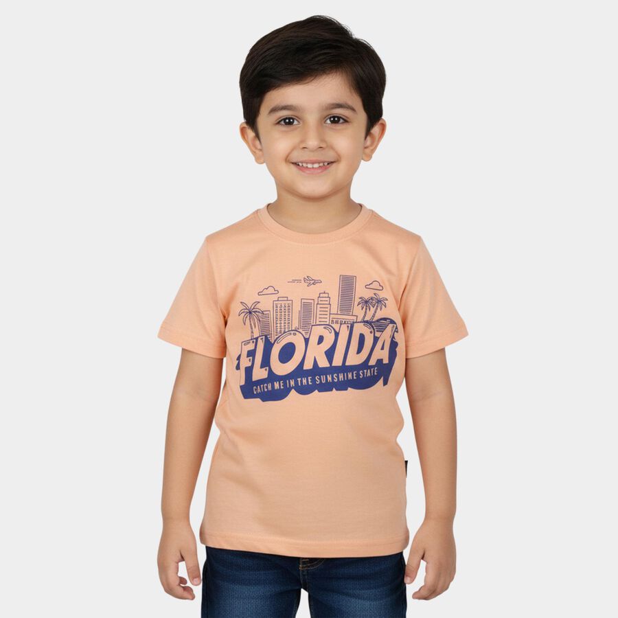 Boys Orange Round Neck Casual T-Shirt, Orange, large