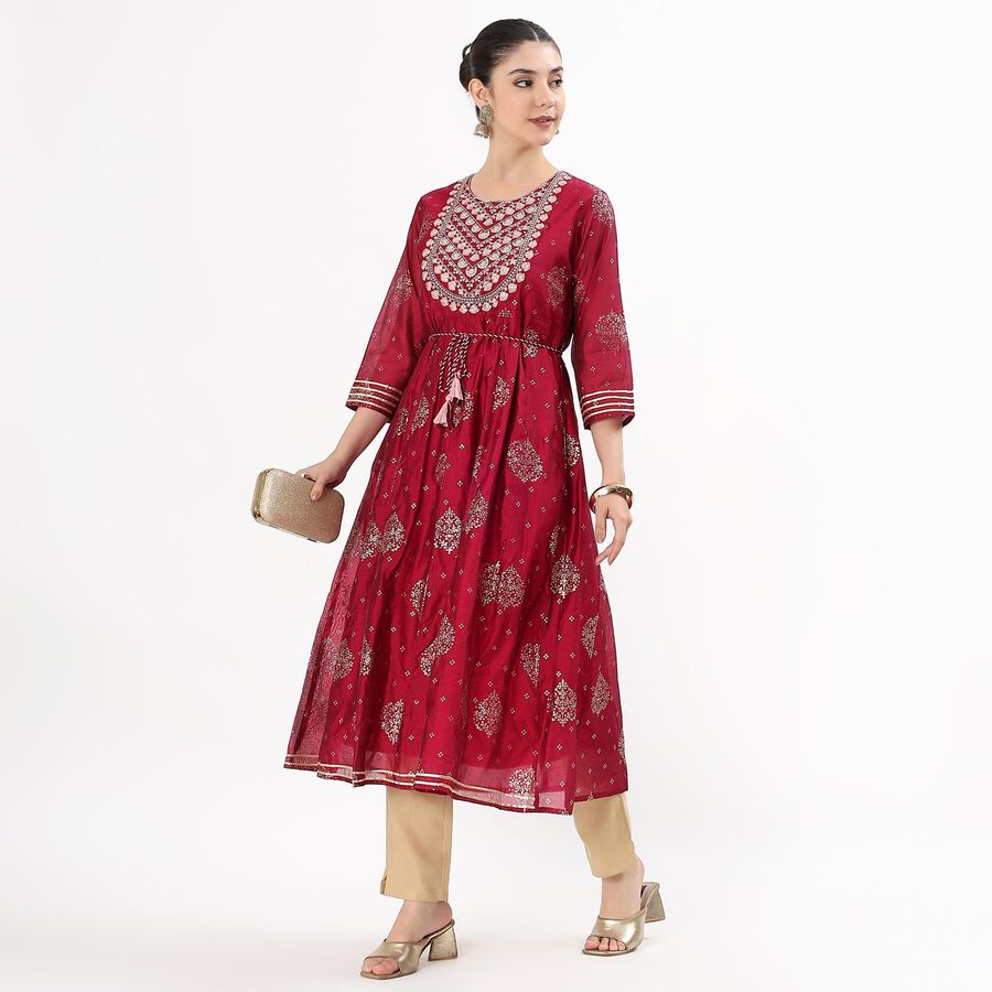 Women's Crimson Round Neck Embroidered A-Line Kurta, Fuchsia, large image number null