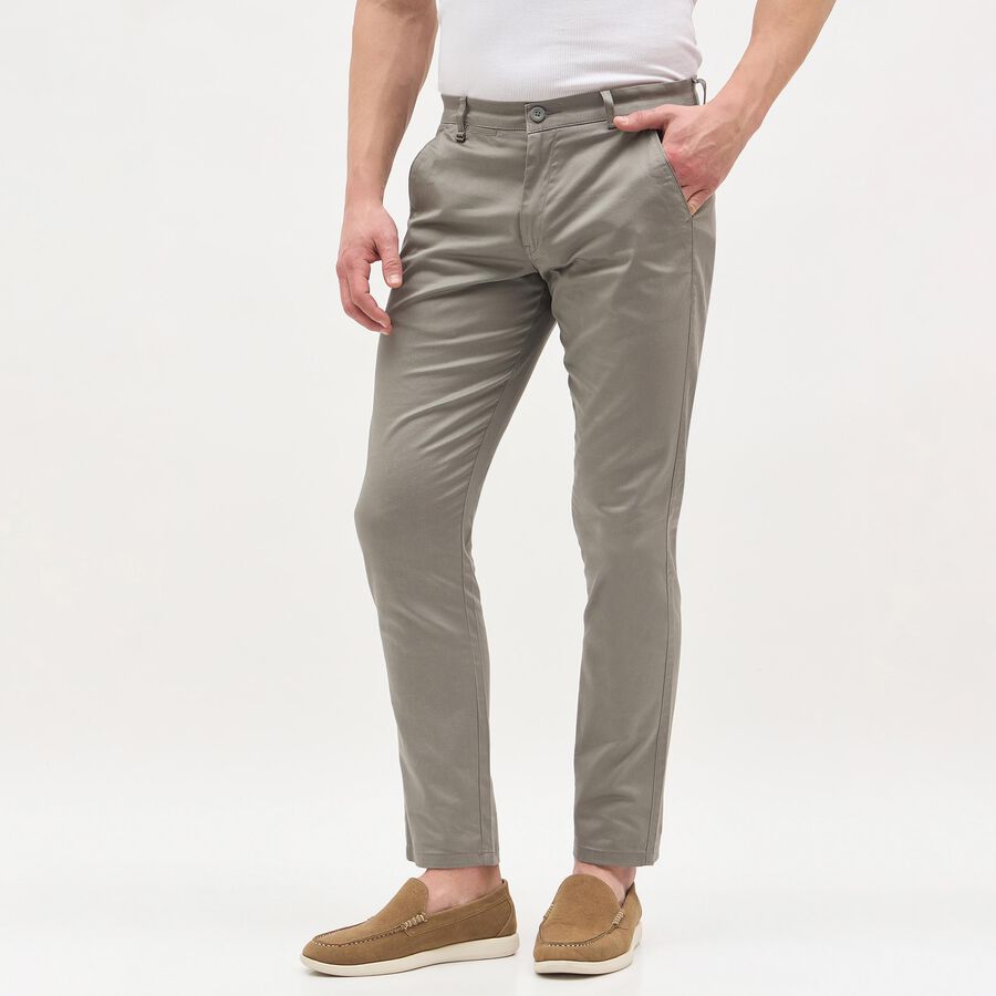 Men's Muted Grey Slim Fit Flat-Front Casual Trousers, हल्का ग्रे, large