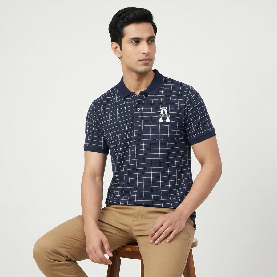 Men's Navy Blue Cotton Blend Collared Preppy T-Shirt, नेवी ब्लू, large
