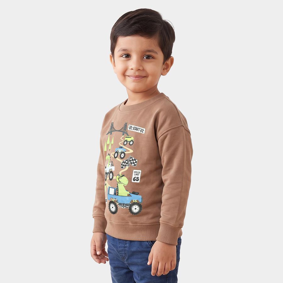Boys Brown Crew Neck Graphic Print Sweatshirt, Brown, large