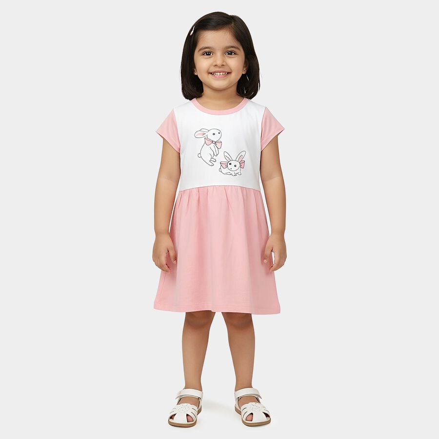 Girls' Pink Fit and Flare Rabbit Printed Frock, गुलाबी, large