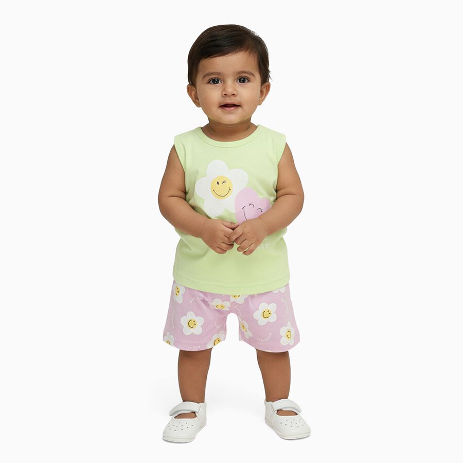 Infant Light Pastel Green Cotton Sleeveless Casual Shorts Set, Light Green, large