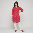 Women's Fuchsia Cotton Band Collar Floral Printed Straight Kurta, Fuchsia, small