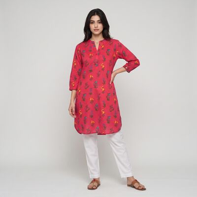 Women's Fuchsia Cotton Band Collar Floral Printed Straight Kurta