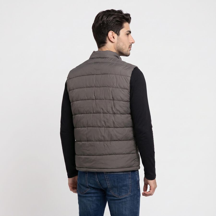 Men's Dark Grey Stand Collar Puffer Jacket, Dark Grey, large