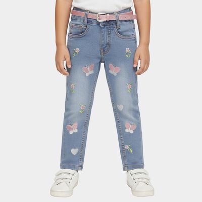 Girls' Light Blue Regular Fit Embroidered Jeans
