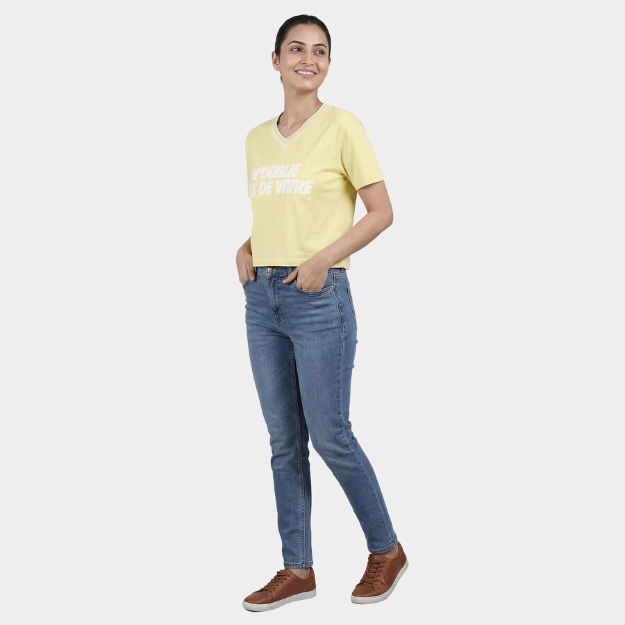 Women's Yellow Cotton Round Neck Casual T-Shirt, पीला, large
