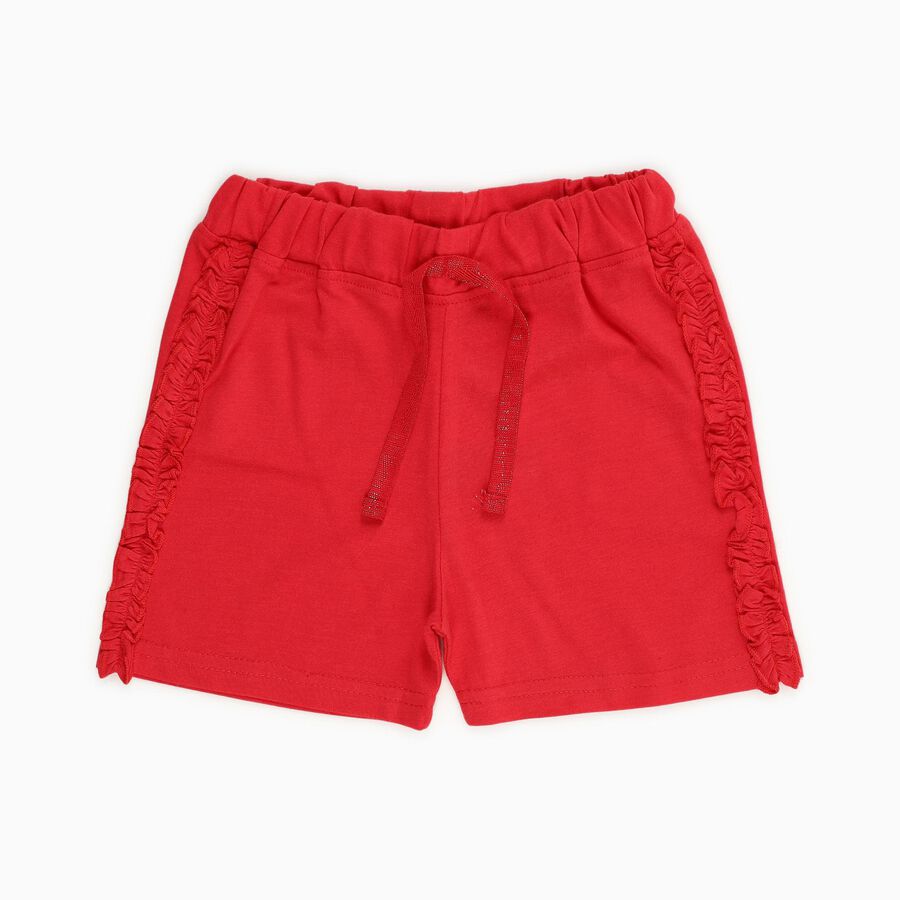 Girls' Bright Red Ruffle Hem Cotton Blend Shorts, Coral, large image number null