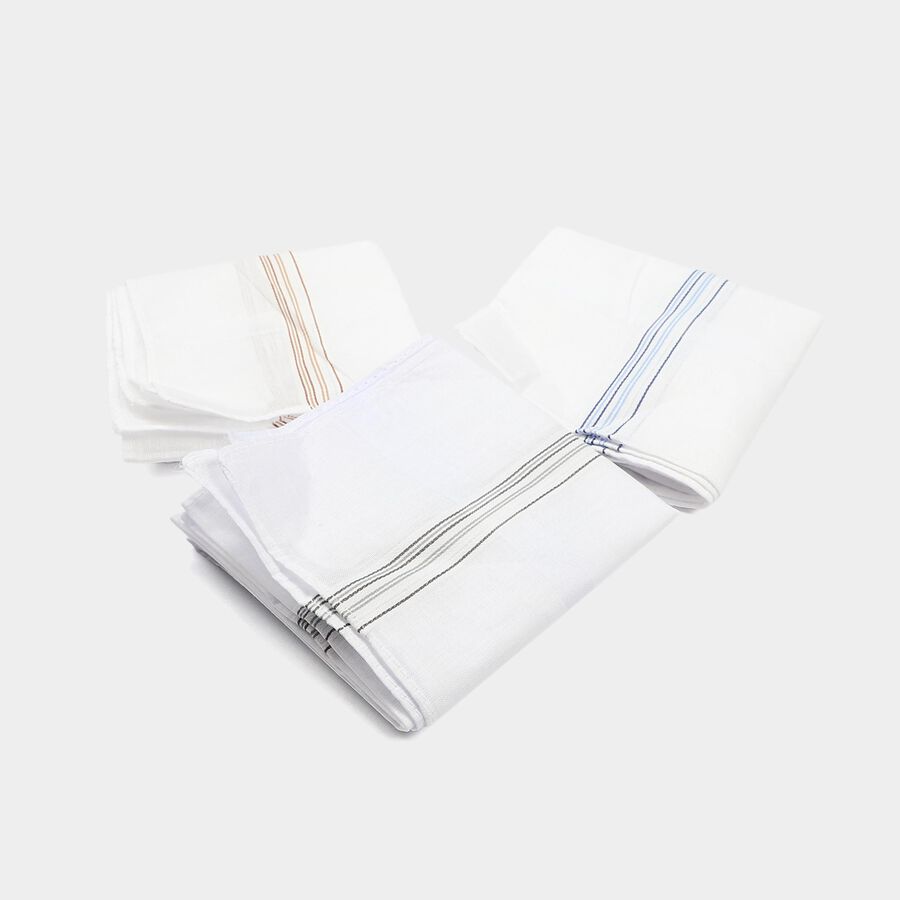 Men's White Striped Pack of 3 Handkerchief, White, large