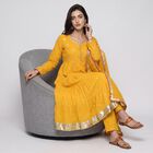 Women's Yellow Cotton Round Neck Mirror Embellished Flared Ethnic Set, पीला, small