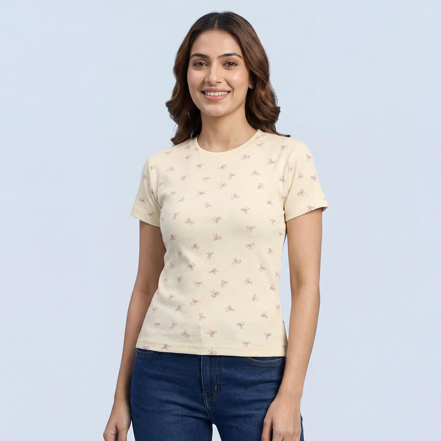 Women's White Cotton Blend Round Neck Classic T-Shirt, ऑफ व्हाइट, large