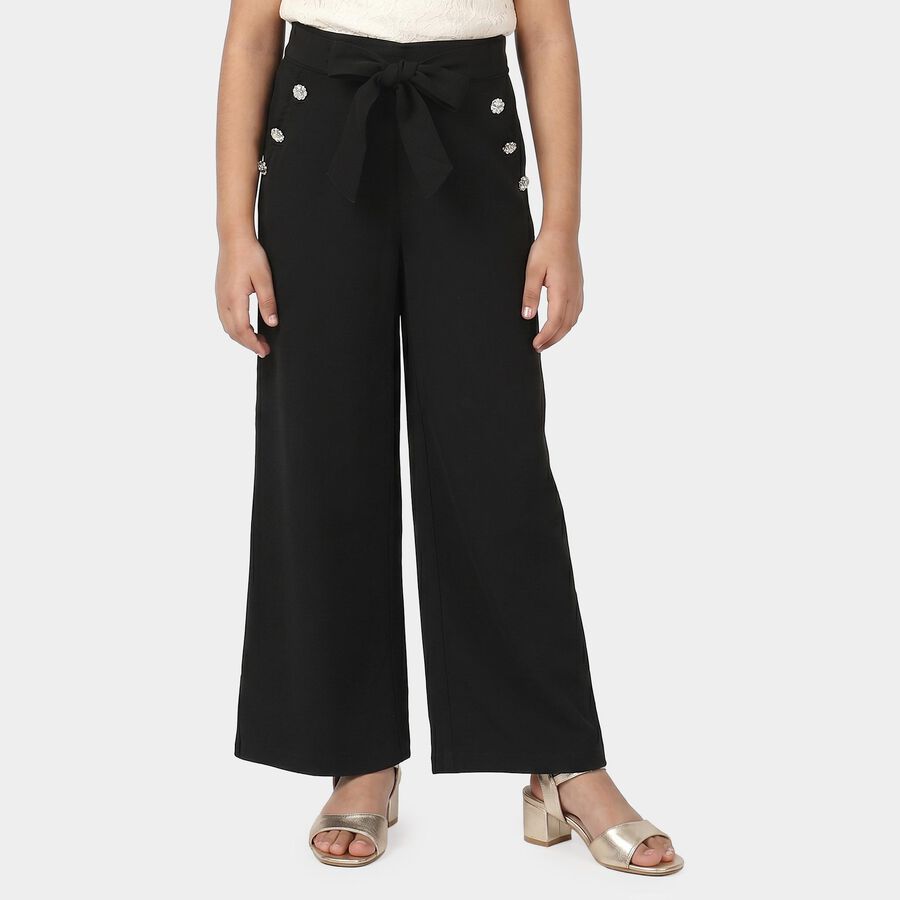 Girls' Black Wide Leg Bow Waist Trousers, Black, large