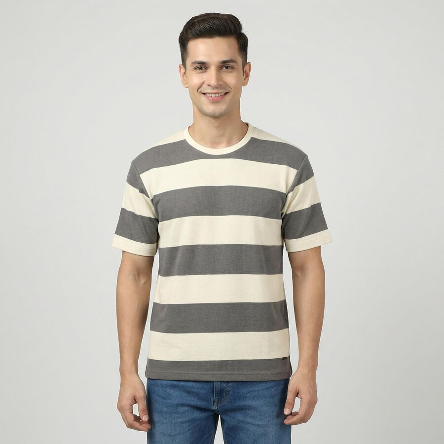Men's Grey Round Neck Casual T-Shirt, Light Grey, large