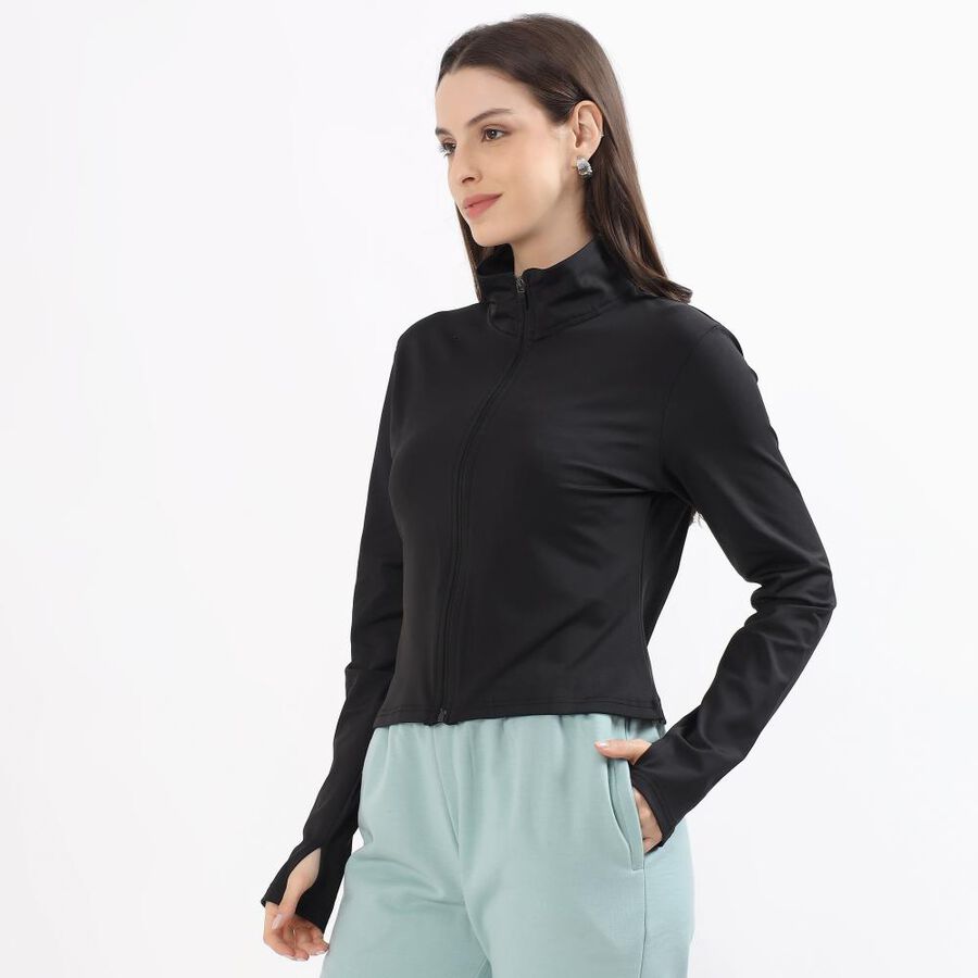 Women's Jet Black High Neck Casual Jacket, काला, large image number null