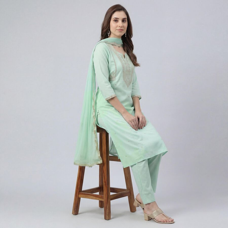 Women's Green Notch Neck Self Design Kurta, Light Green, large