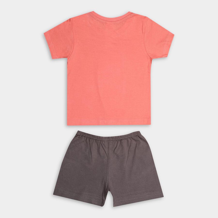 Boys' Coral Cotton Round Neck Cartoon Print Baba Suit, Coral, large image number null