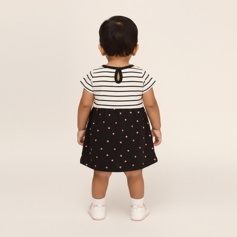 Infants' Black and White Striped Cotton Cat Print Frock, Dark Grey, large image number null