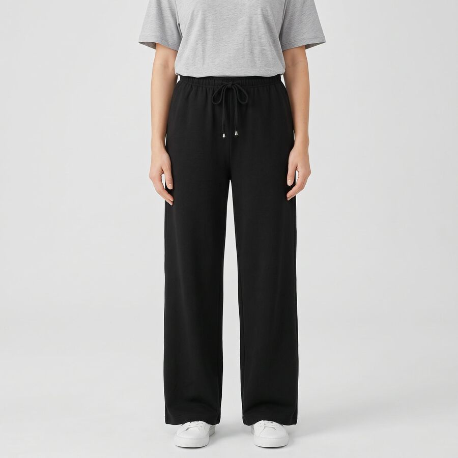 Women's Black Wide Leg Drawstring Track Pants, Black, large