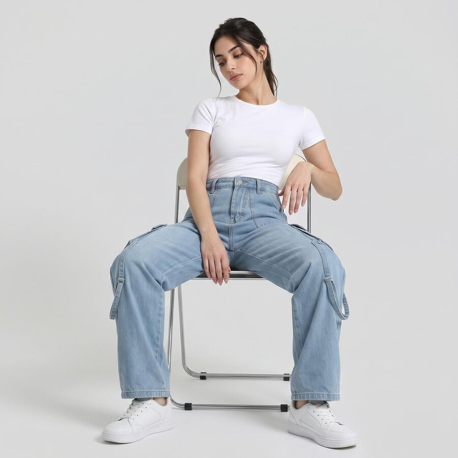 Women's Light Blue Wide Leg Cargo Jeans, Light Blue, large