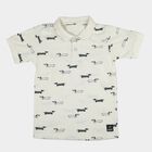 Boys' Off White Cotton Polo Collar Printed T-Shirt, Off White, small