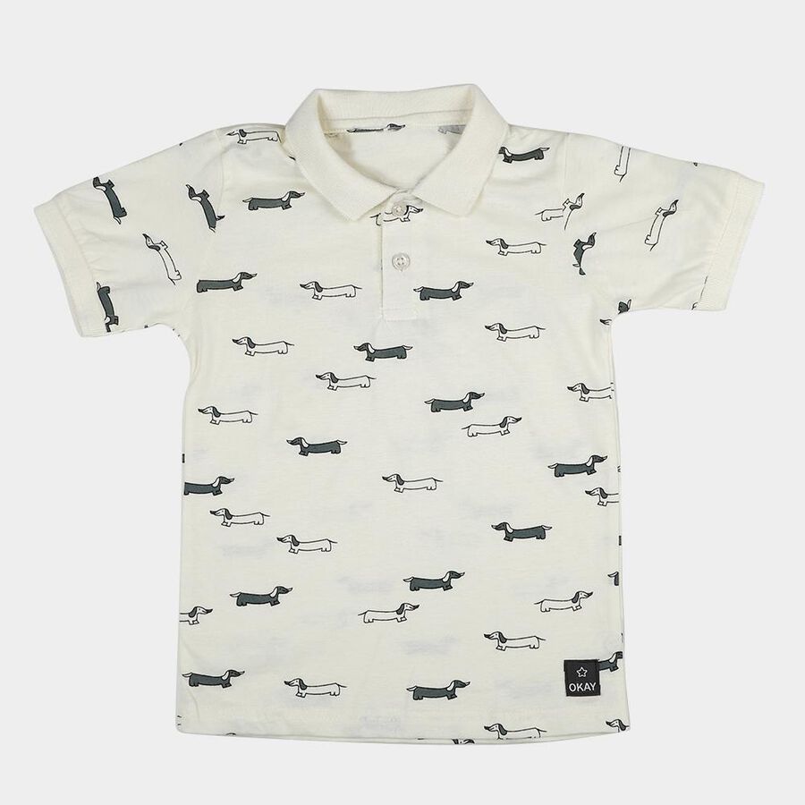 Boys' Off White Cotton Polo Collar Printed T-Shirt, Off White, large