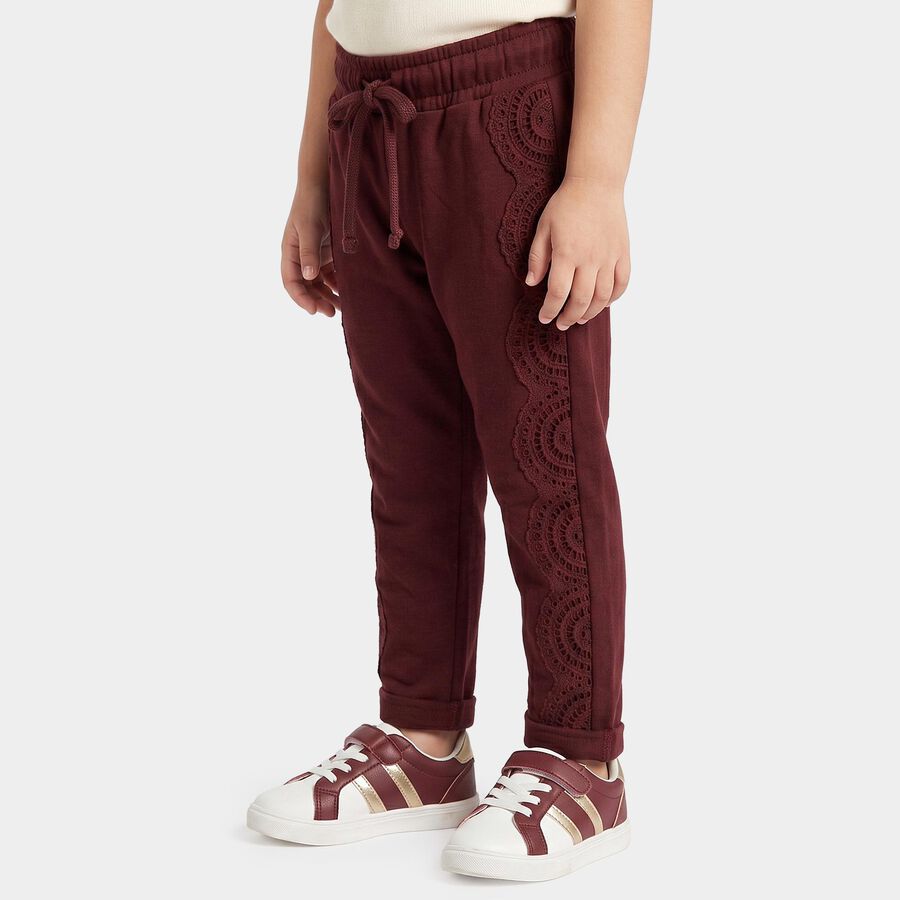 Girls' Wine Straight Fit Lace Panel Cotton Pyjama, वाइन, large