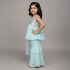 Girls Bright Aqua Blue Sequin Sleeveless Top and Tiered Pants Fusion Set, Aqua, small