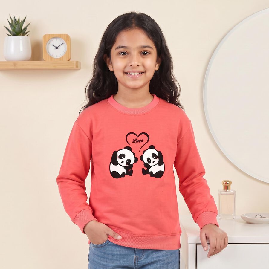 Girls' Coral Crew Neck Graphic Print Sweatshirt, मूँगा (कोरल), large